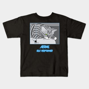 Aerial Silk Performer – funny cartoon of cat watching a spider spin Kids T-Shirt